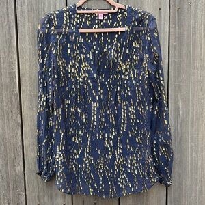 Lilly Pulitzer Colby navy and Gold Silk sparkle M tunic top metallic